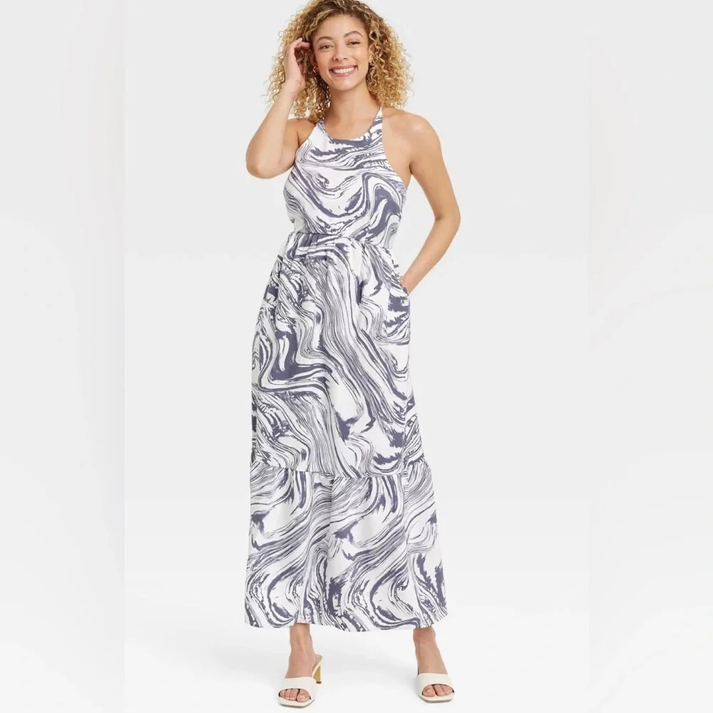 Halter Dress: A New Day Sleeveless Tiered Dress. White and Purple Grey. Sz L